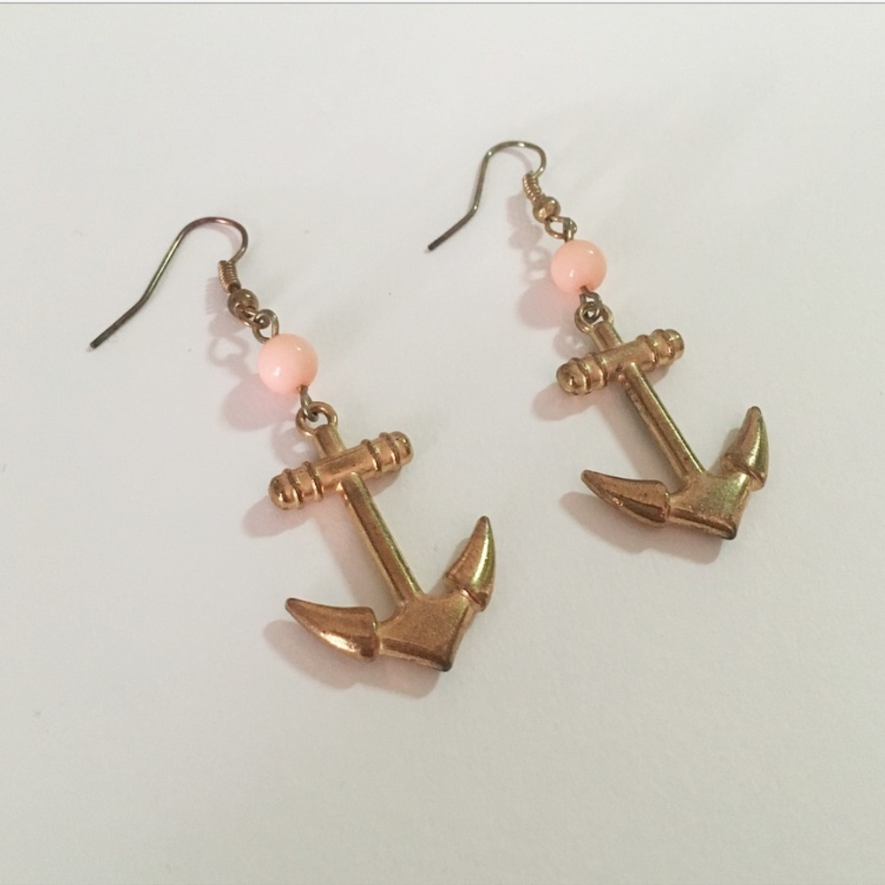 Gold Tone Dangling Anchor Earrings w Pink Beads